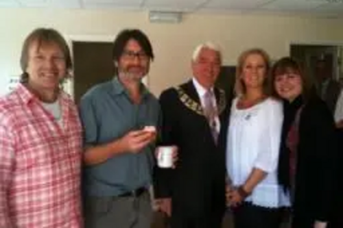 Nigel Clarke and Cllr Karen Chilvers with Brentwood Mayor, Tony Sleep, and Cllr Mike Le Surf and Julie Morrissey from the Phoenix FM team at the Macmillan Coffee Morning