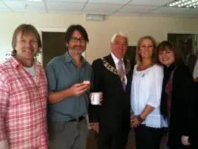 Nigel Clarke and Cllr Karen Chilvers with Brentwood Mayor, Tony Sleep, and Cllr Mike Le Surf and Julie Morrissey from the Phoenix FM team at the Macmillan Coffee Morning