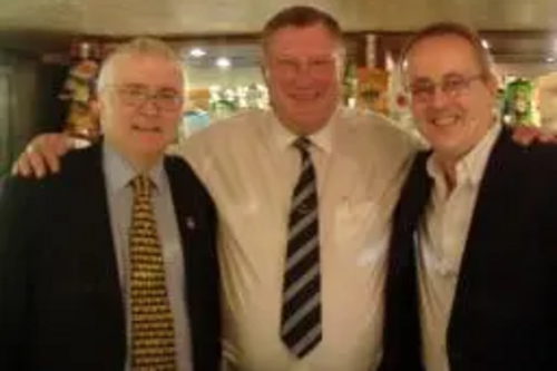 L-R, Bob Russell MP with Stuart Darnley, The Eagle's landlord, and Cllr David Kendall