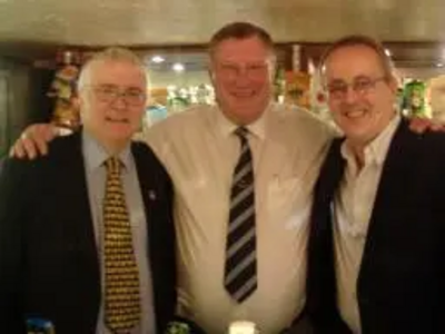 L-R, Bob Russell MP with Stuart Darnley, The Eagle's landlord, and Cllr David Kendall