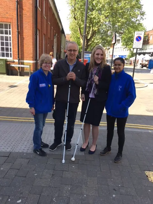 Cllr David Kendall takes part in a blindfold challenge in Brentwood High Street