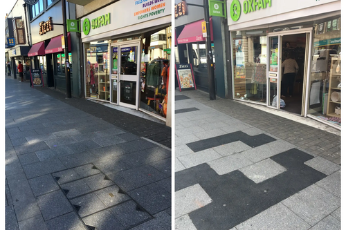 Trip hazard pavement is repaired, Call for paving stones heeded - Brentwood High Street