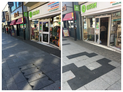 Trip hazard pavement is repaired, Call for paving stones heeded - Brentwood High Street