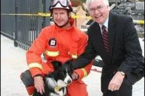 Darcy with handler John Ball and Lib Dem MP for Colchester, Bob Russell