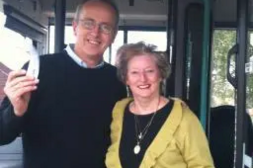 Cllr David Kendall with Wendy Way, Chair of the Brentwood Bus & Rail Users Association, at the launch of the Sunday Bus Service