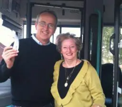 Cllr David Kendall with Wendy Way, Chair of the Brentwood Bus & Rail Users Association, at the launch of the Sunday Bus Service