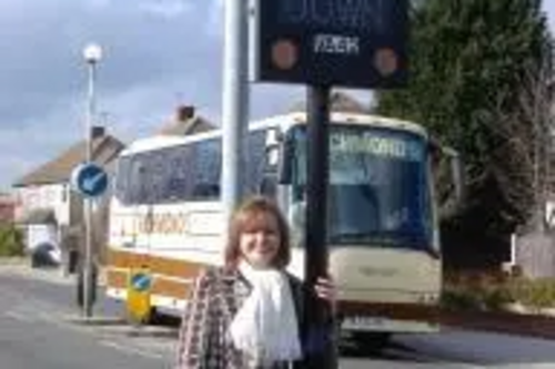 Cllr Chilvers with a Vehicle Activated Sign in Havering